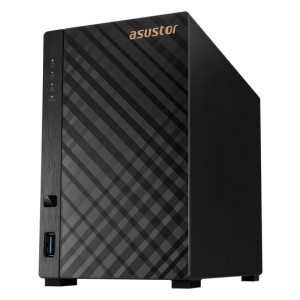 Asustor NAS device with patterned front panel, USB 3.0 port, and status LEDs on the left edge.