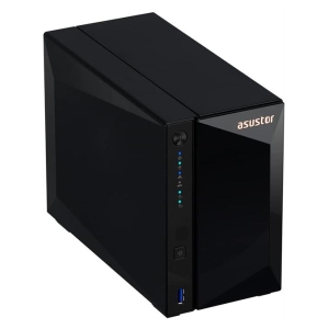 Black Asustor NAS enclosure with front-panel status LEDs and a USB port visible at the bottom.