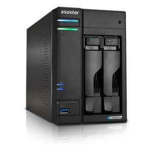 ASUSTOR two-bay network attached storage (NAS) server with front-loading drive bays and blue/green LED indicators