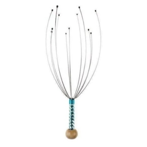 Multi-strand whisk-like object with several thin flexible wires radiating from a blue handle and wooden end cap.