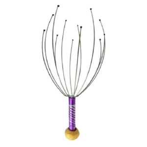 Handheld wand with many thin, wire-like bristles ending in small black beads, attached to a purple-wrapped handle and yellow knob at the bottom.