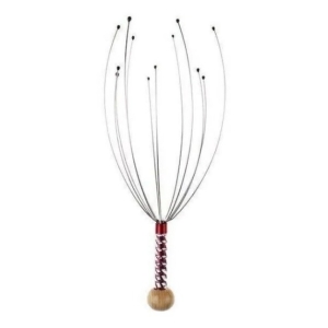 Wooden-handled multi-tail wand with several slender cords ending in small black beads, fanned upward from a braided grip.