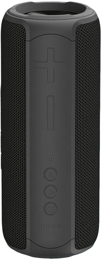 AURABASS3 - Computech-Solutions Portable cylindrical Bluetooth speaker with dark gray body and fabric side panels; vertical control strip shows plus and minus volume buttons and round function buttons on the front.