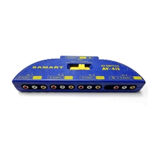 Blue four-input AV switch labeled AV-SWITCH AV-4IS with RCA connectors (red, white, yellow) on front for video and audio output and four input ports on top/front edge.