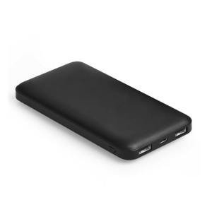 Black portable power bank with rounded edges, showing two USB-A output ports on the side.