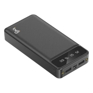 Belkin portable power bank with digital display, featuring two USB-A ports and a USB-C port on the front panel.
