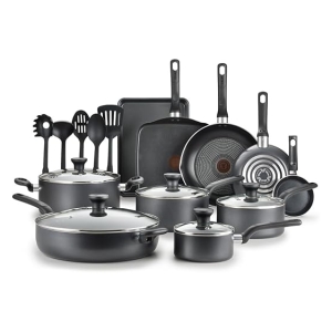 Complete set of dark gray pots, pans, and lids with black handles displayed together on a white background.