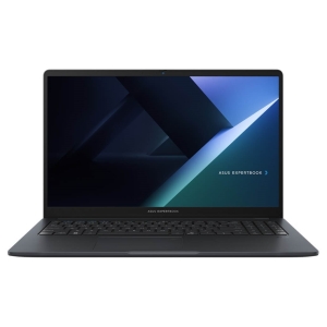 Front view of a black ASUS ExpertBook laptop open with a geometric blue-green wallpaper on the screen and keyboard visible.