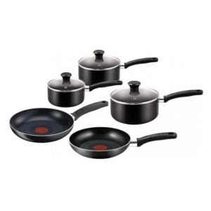 B372S544 - Computech-Solutions Black nonstick cookware set with three saucepans (lidded) and two frying pans.
