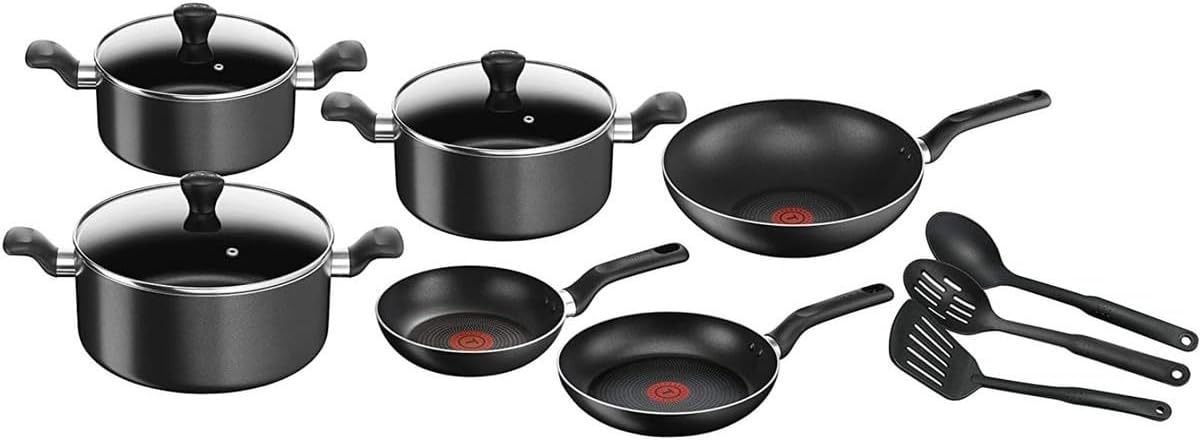 B459SC84 - Computech-Solutions Complete black nonstick cookware set: four pots with lids, two frying pans, and three utensils laid out on a white background.