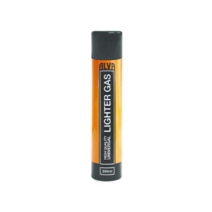 Orange and black cylindrical canister labeled 'LIGHTER GAS' with '300 ml' capacity, used for refillable lighters.