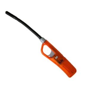 Orange handheld fuel nozzle with a black hose attached, seen from the side.