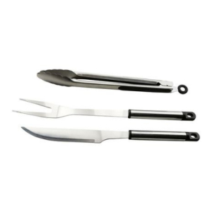 Three stainless steel barbecue tools: tongs, carving fork, and carving knife with black-handled grips, laid out in a row.