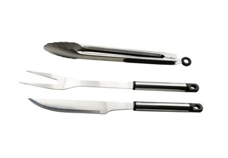 BA174 - Computech-Solutions Three stainless steel barbecue tools: tongs, carving fork, and carving knife with black-handled grips, laid out in a row.
