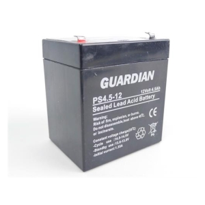 Black sealed lead-acid battery labeled GUARDIAN, 12V 4.5Ah, with warning text and recycling/symbol marks on its front face.