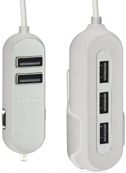 BE0133WHT - Computech-Solutions White car charger with two USB-A ports on the left and a separate three-port USB hub on the right for charging multiple devices in a vehicle.