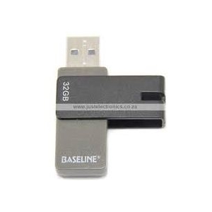 Baseline USB flash drive with a gray body and exposed silver connector (thumb drive). Launches from the Baseline brand shown on the casing.