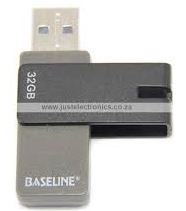 BL-USB32GB - Computech-Solutions Baseline USB flash drive with a gray body and exposed silver connector (thumb drive). Launches from the Baseline brand shown on the casing.
