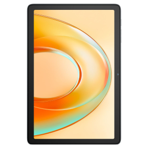 Tablet device displaying a warm orange abstract wallpaper with curved glass shapes on a light background, seen front-on.