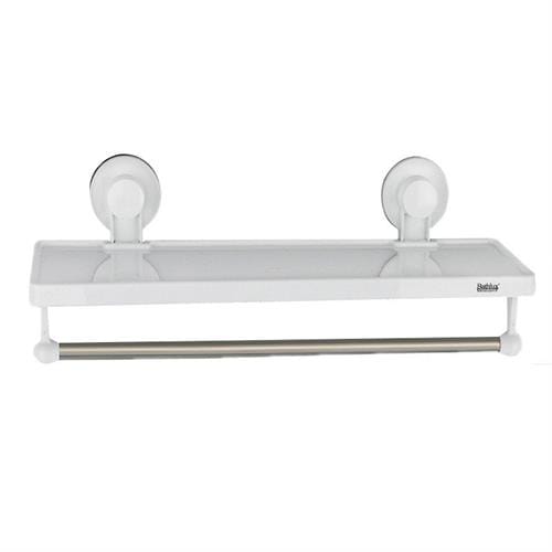 BLX-30135 - Computech-Solutions White wall-mounted bathroom shelf with a chrome towel bar and two suction cups for attachment.