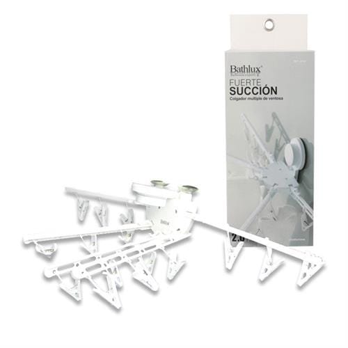 BLX-30141 - Computech-Solutions White plastic suction-based clothes drying rack with multiple fold-out arms, shown next to its packaging.