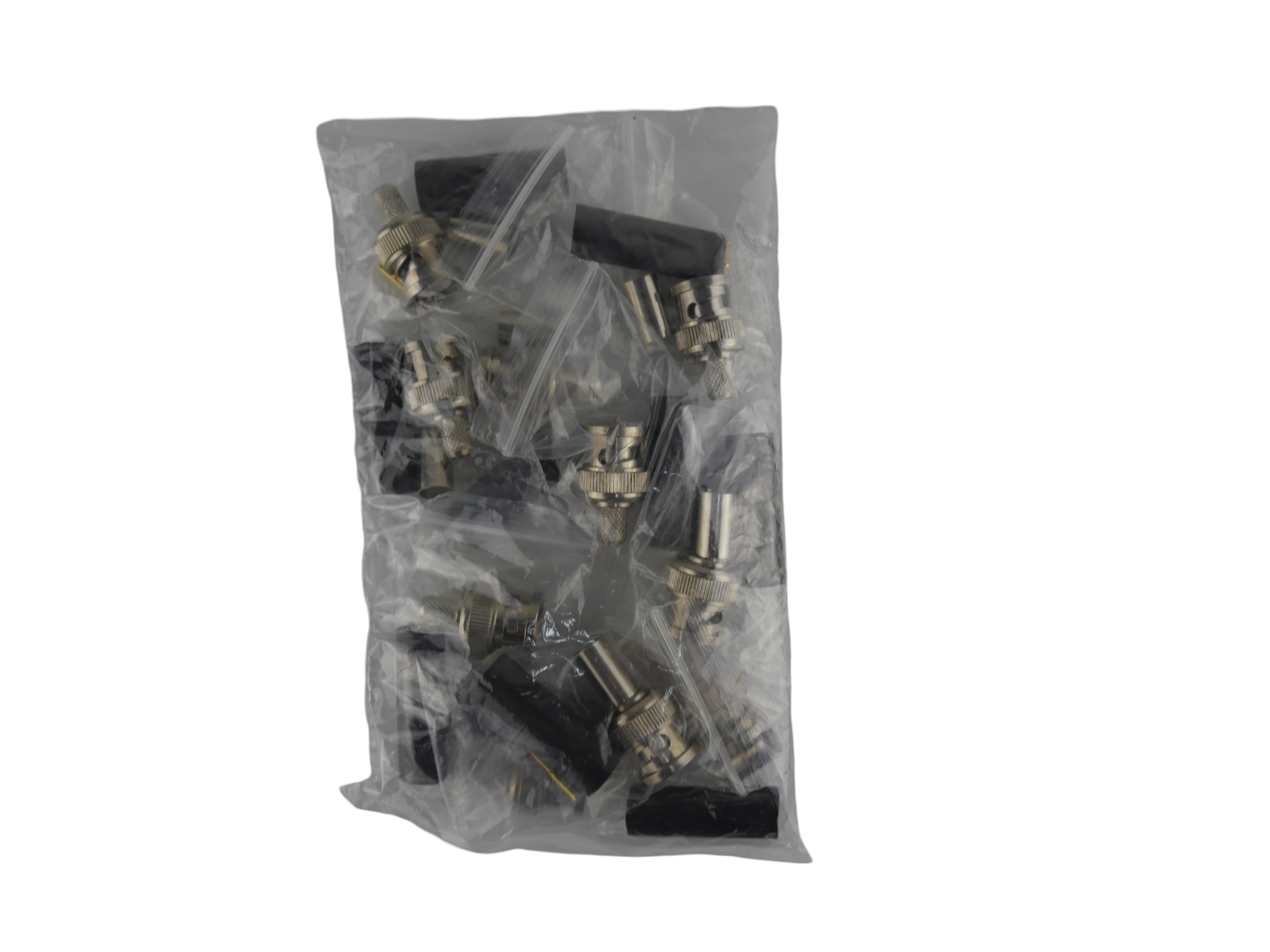 BNC-ECO HS - Computech-Solutions Bag containing assorted metal connectors and adapters secured in a plastic pouch with a black interior components visible at the top and bottom edges.