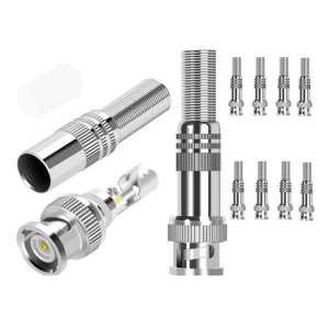 Assorted silver RF coax connectors and adapters in multiple sizes, including a large threaded connector and several small plugs.