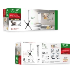 Boxed Barkan 13"–65" full-motion TV ceiling mount (PREMIUM) packaging shown, with mounting arms illustration on the side.