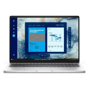 Laptop displaying two blue data dashboards with charts on the screen.
