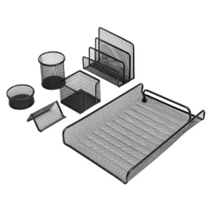 Metal mesh desk organizer set with a slanted card holder, small pencil cup, two open file organizers, a letter sorter, and a larger tray for papers or documents; all in black metal mesh design.