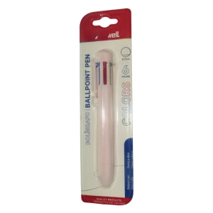 BW-S1007-234 - Computech-Solutions Six‑color ballpoint pen set in pink plastic body inside clear blister packaging with a red header.