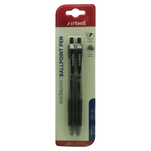 Two black ballpoint pens in clear blister packaging with a red top; brand Artwell, model Lucente, 0.7 mm tip, for fluent writing.