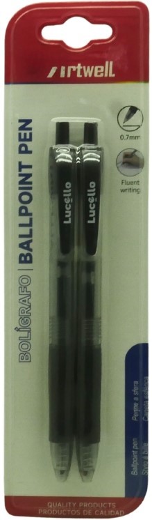 BW-S1007-245 - Computech-Solutions Two black ballpoint pens in clear blister packaging with a red top; brand Artwell, model Lucente, 0.7 mm tip, for fluent writing.