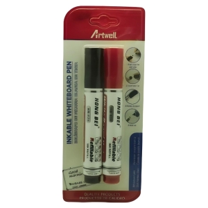 Two whiteboard markers (black and red) in clear blister packaging labeled Artwell; packaging shows usage illustrations and product tagline.