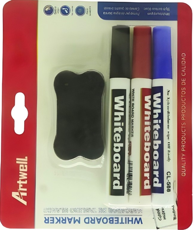 BW-S1007-294 - Computech-Solutions Artwell whiteboard marker set with three markers (black, red, blue) and a black eraser in clear plastic packaging.