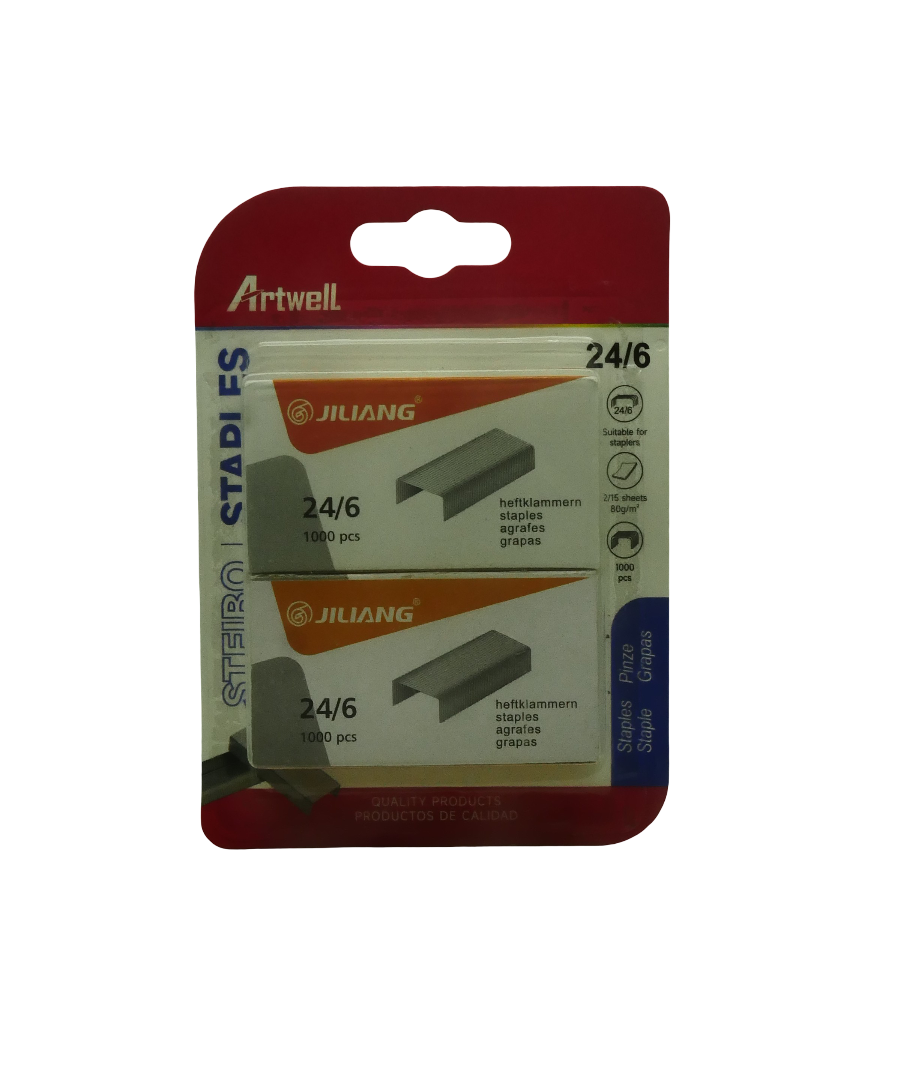 BW-S1007371-2PK - Computech-Solutions Pack of JILANG 24/6 staples for staplers, showing two boxes (1000 pcs each) on a red background, product packaging.