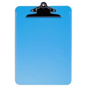 Blue clipboard with a black metal clip at the top and measurement rulers along the left and right edges.