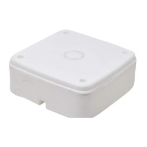White plastic rectangular electrical junction box with rounded corners and mounting holes on the top surface