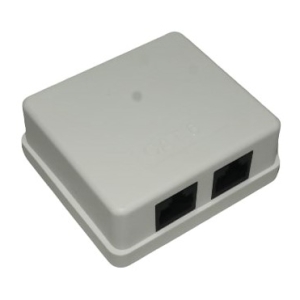 White two-port Ethernet adapter with two RJ-45 jacks on the front side.