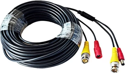 CC25M - Computech-Solutions Coiled black coaxial cable with two BNC connectors on one end and red and yellow RCA connectors on the other end.