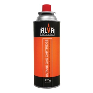 Butane gas cartridge canister with orange label, 220 g, brand ALYA.