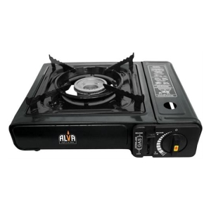 Portable single-burner gas stove with black body, burner, and control knob; ALVA logo visible.