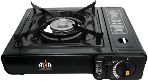 Portable single-burner gas stove with black body, burner, and control knob; ALVA logo visible.