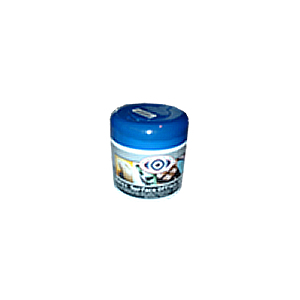 Blue-lidded plastic jar standing upright with a white label showing a circular emblem on the front (cosmetic/product container).