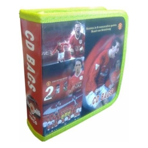 Red sports-themed CD case with a bright green zipper, featuring a collage of soccer players on the cover and the words 'CD BAGS' along the spine.