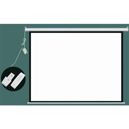CEL180R - Computech-Solutions Illustration of a pull-down projector screen mounted on a teal wall with a desk lamp and USB drives on the left.