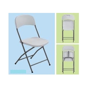 Collage of a gray folding chair with a metal frame, shown in three angles on blue and green backgrounds (main view with chair unfolded, two smaller views).