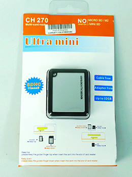 CH270 - Computech-Solutions Ultra mini memory card reader packaging showing a small black reader with blue 'SONG' badge, highlights cable-free, adapter-free, up to 32GB