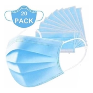 CH511WP20 - Computech-Solutions Blue disposable face masks in a 20-pack, with one mask foreground and several stacked behind, showing ear loops