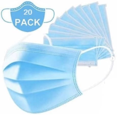 CH511WP20 ComputechSolutions Blue disposable face masks in a 20-pack, with one mask foreground and several stacked behind, showing ear loops